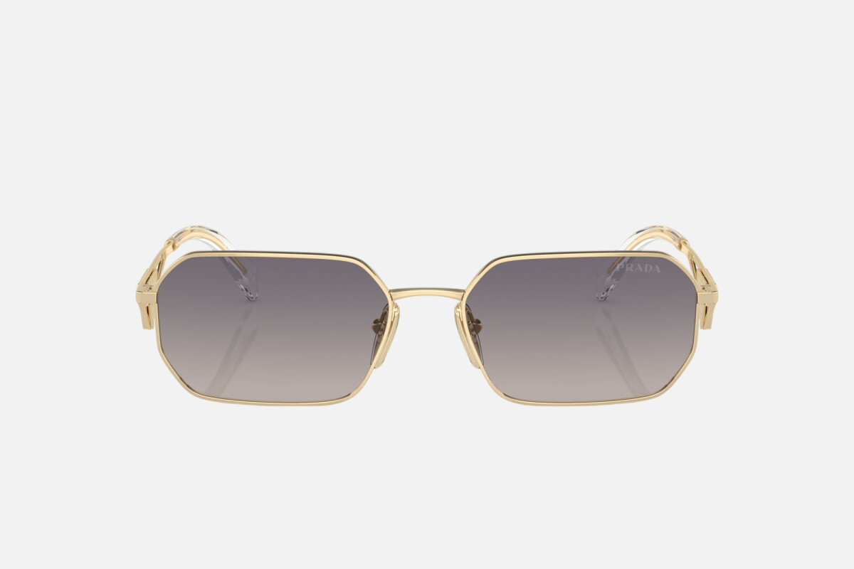 Prada PR A51S ZVN30C irregular sunglasses for women in full rim metal, with pale gold frame, and mirrored silver gradient blue lenses. 58mm in lens size, 17mm in bridge size, and 140mm in temple length.
