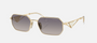 Prada PR A51S ZVN30C irregular sunglasses for women in full rim metal, with pale gold frame, and mirrored silver gradient blue lenses. 58mm in lens size, 17mm in bridge size, and 140mm in temple length.