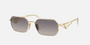 Prada PR A51S ZVN30C irregular sunglasses for women in full rim metal, with pale gold frame, and mirrored silver gradient blue lenses. 58mm in lens size, 17mm in bridge size, and 140mm in temple length.