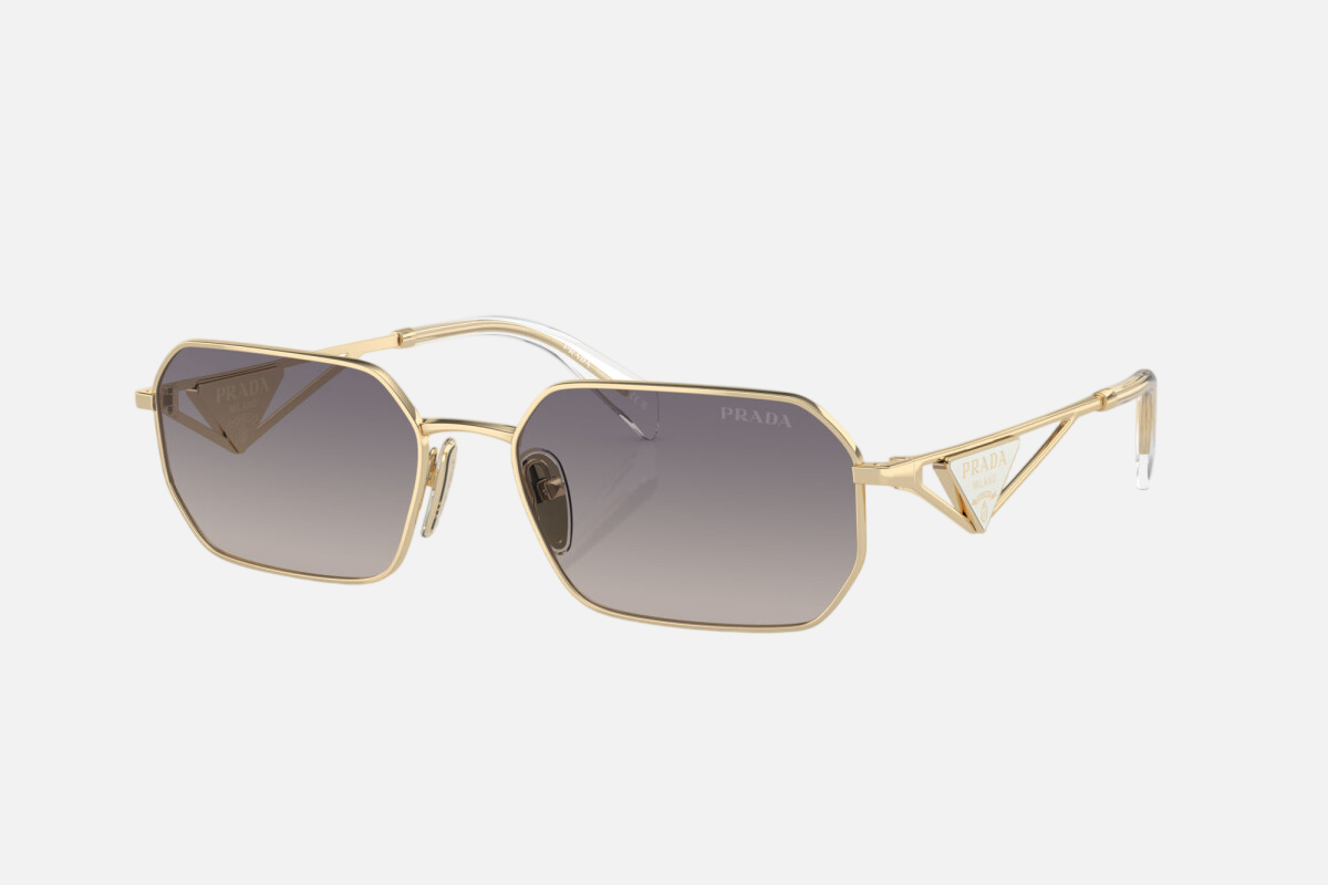Prada PR A51S ZVN30C irregular sunglasses for women in full rim metal, with pale gold frame, and mirrored silver gradient blue lenses. 58mm in lens size, 17mm in bridge size, and 140mm in temple length.