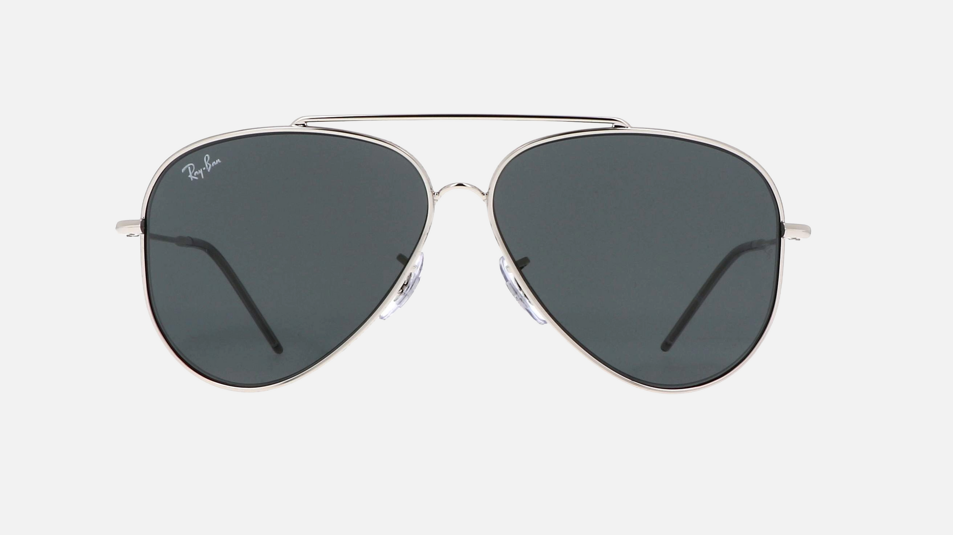 Ray-Ban Aviator Reverse RBR0101S 003/GA pilot sunglasses for unisex in full rim metal, with polished silver frame, and light blue lenses. 62mm in lens size, 11mm in bridge size, and 145mm in temple length.