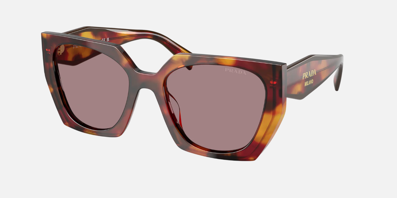 Prada PR 15WS 22A20I irregular sunglasses for women in full rim acetate, with havana frame, and light purple brown lenses. 54mm in lens size, 19mm in bridge size, and 140mm in temple length.