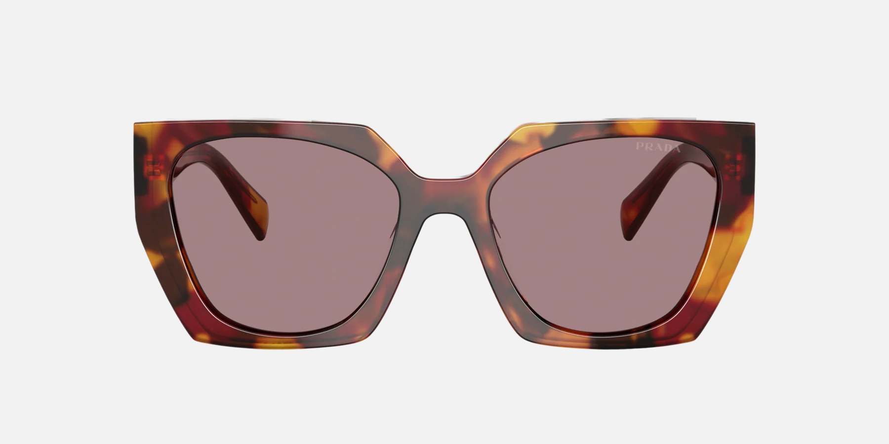 Prada PR 15WS 22A20I irregular sunglasses for women in full rim acetate, with havana frame, and light purple brown lenses. 54mm in lens size, 19mm in bridge size, and 140mm in temple length.