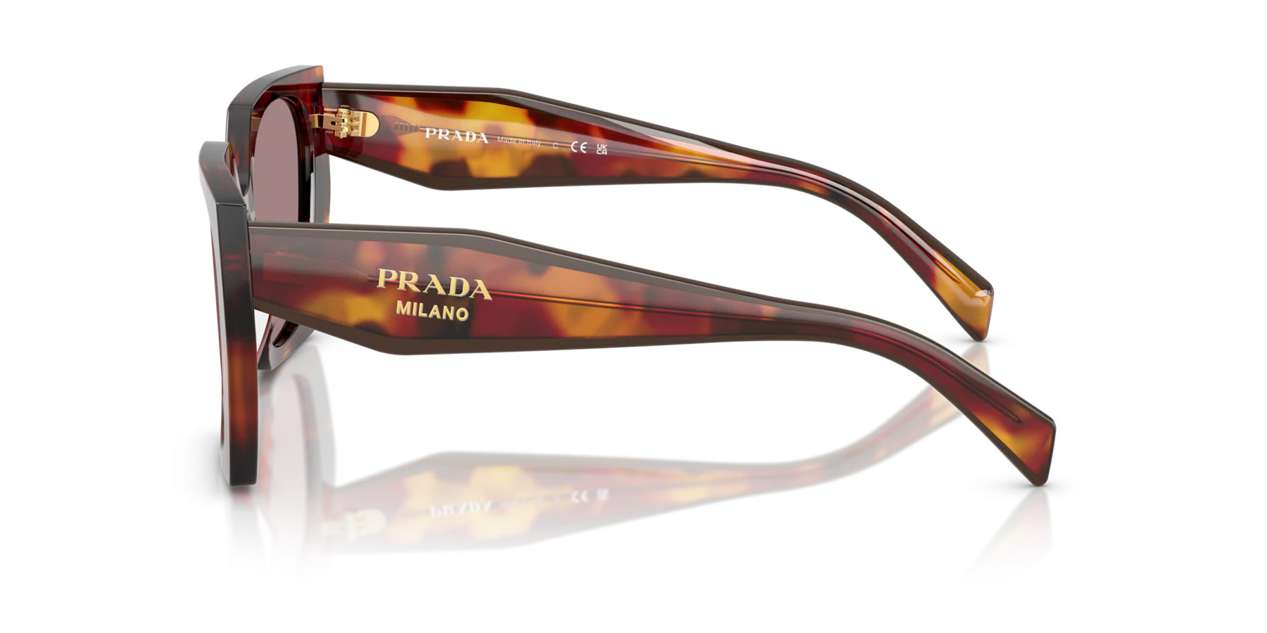Prada PR 15WS 22A20I irregular sunglasses for women in full rim acetate, with havana frame, and light purple brown lenses. 54mm in lens size, 19mm in bridge size, and 140mm in temple length.