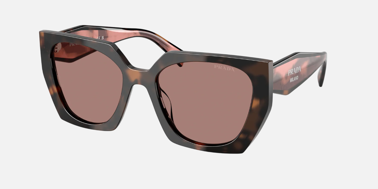 Prada PR 15WS 23A60B irregular sunglasses for women in full rim acetate, with havana frame, and light brown lenses. 54mm in lens size, 19mm in bridge size, and 140mm in temple length.