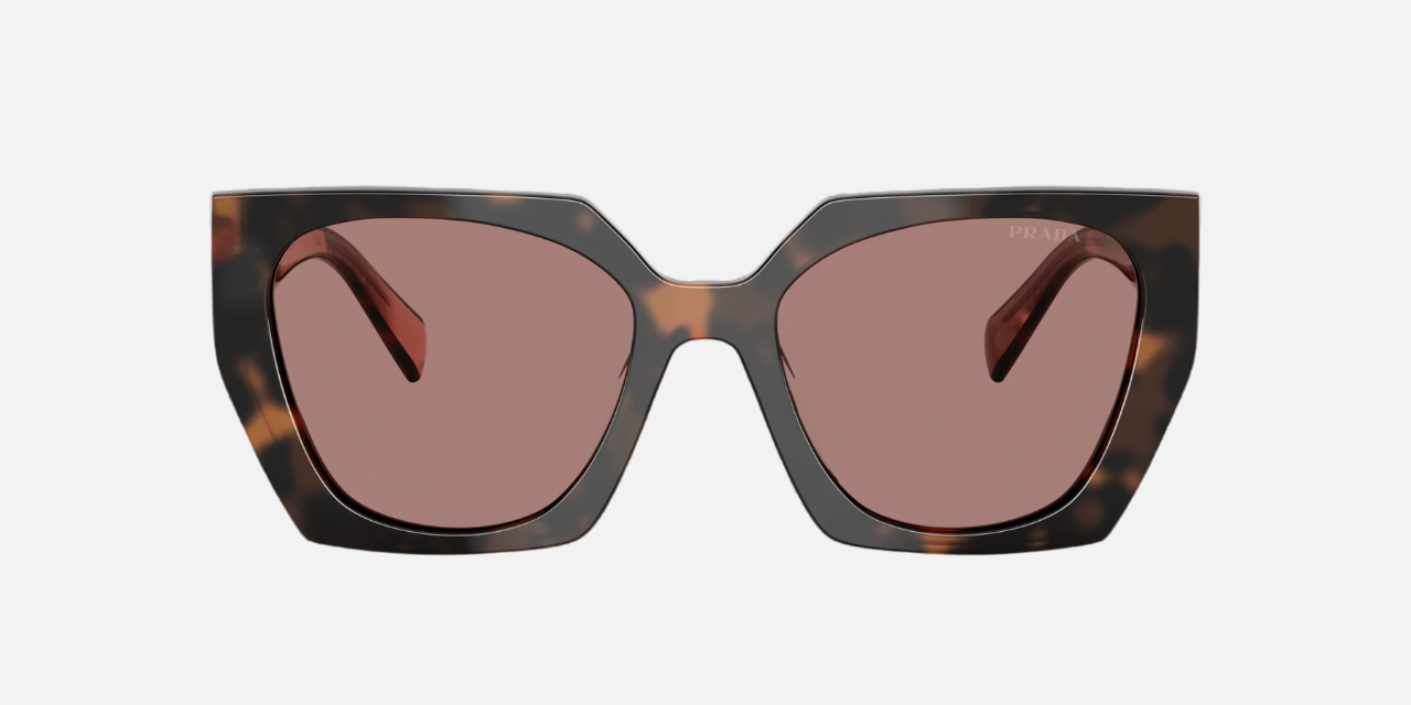 Prada PR 15WS 23A60B irregular sunglasses for women in full rim acetate, with havana frame, and light brown lenses. 54mm in lens size, 19mm in bridge size, and 140mm in temple length.