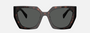 Prada PR 15WS 24B40L irregular sunglasses for women in full rim acetate, with dark havana frame, and dark grey lenses. 54mm in lens size, 19mm in bridge size, and 140mm in temple length.