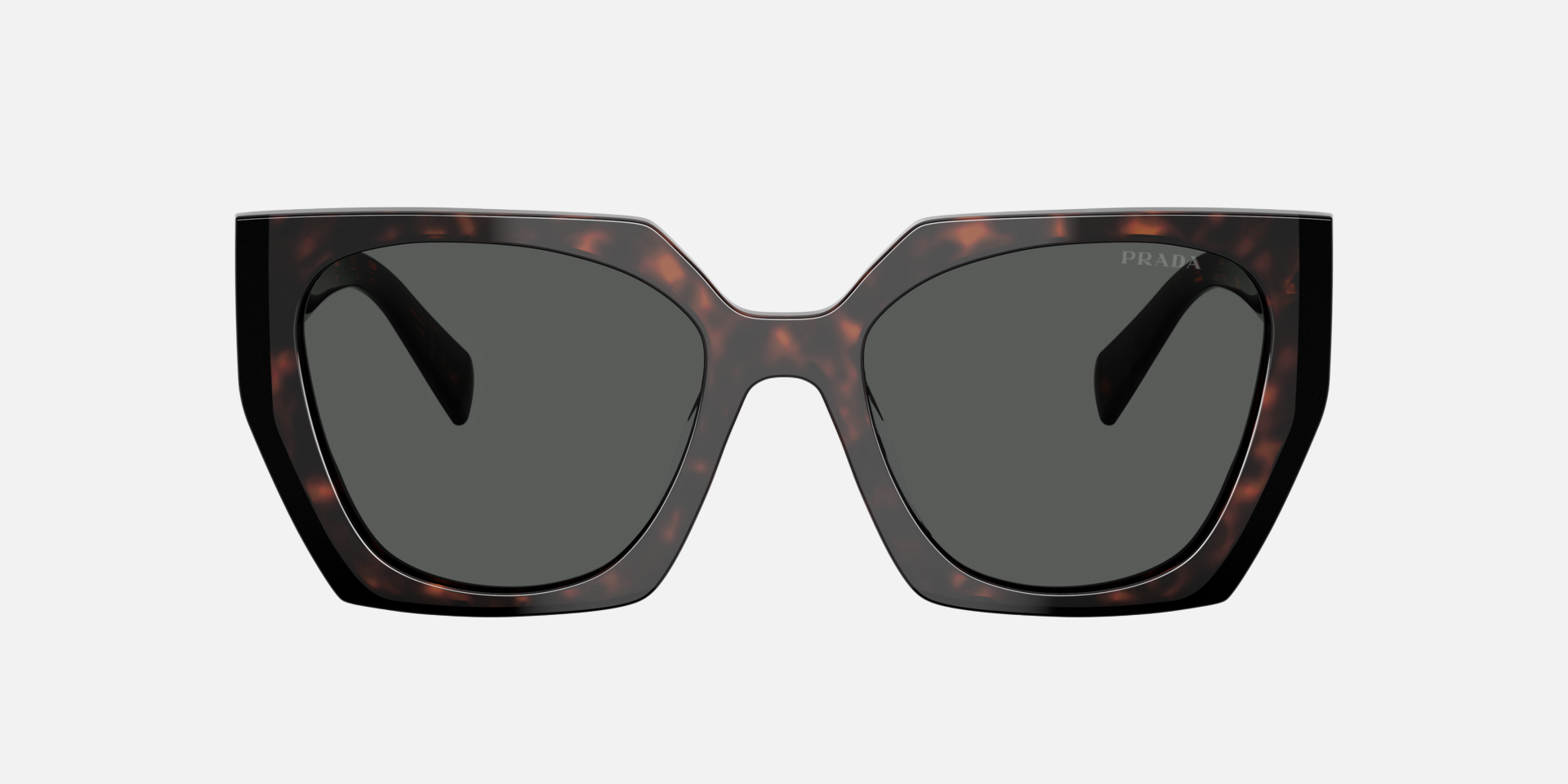 Prada PR 15WS 24B40L irregular sunglasses for women in full rim acetate, with dark havana frame, and dark grey lenses. 54mm in lens size, 19mm in bridge size, and 140mm in temple length.