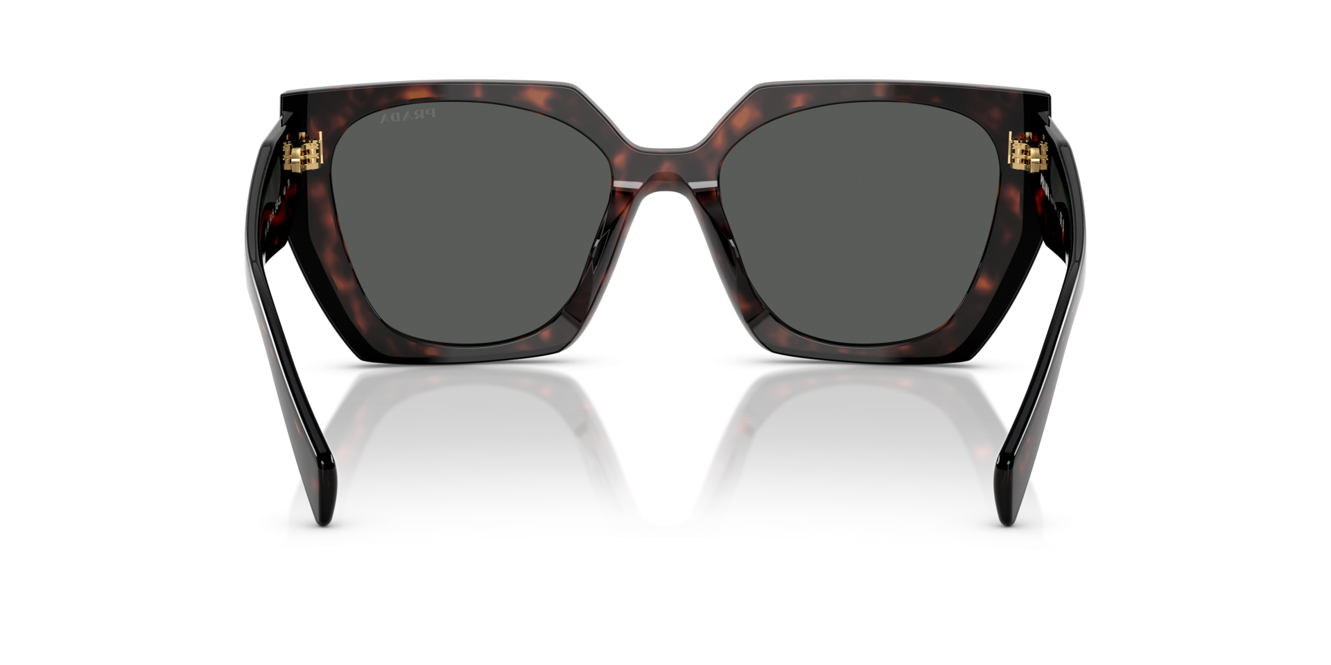 Prada PR 15WS 24B40L irregular sunglasses for women in full rim acetate, with dark havana frame, and dark grey lenses. 54mm in lens size, 19mm in bridge size, and 140mm in temple length.