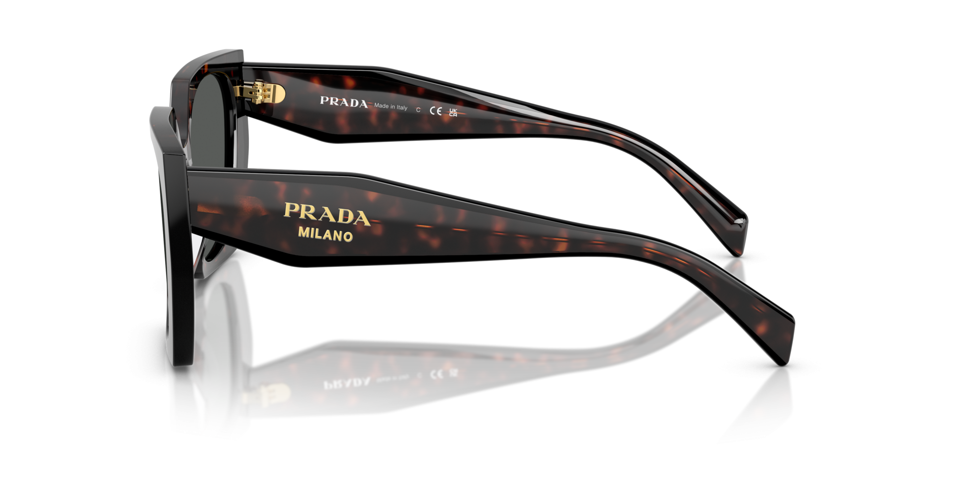 Prada PR 15WS 24B40L irregular sunglasses for women in full rim acetate, with dark havana frame, and dark grey lenses. 54mm in lens size, 19mm in bridge size, and 140mm in temple length.