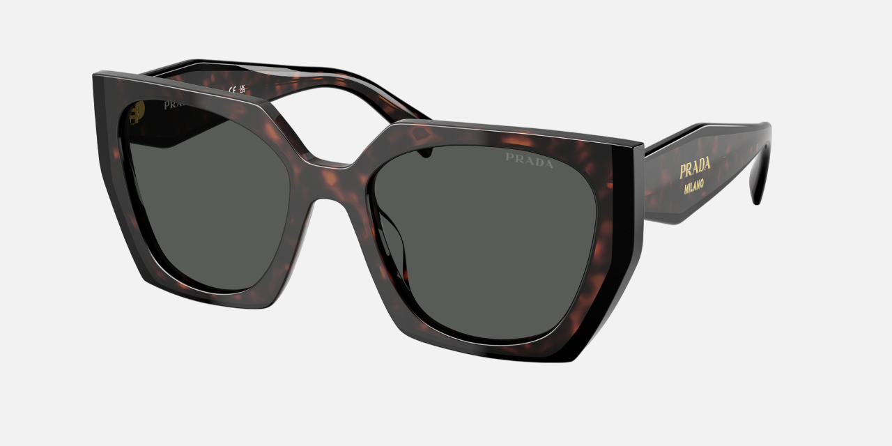 Prada PR 15WS 24B40L irregular sunglasses for women in full rim acetate, with dark havana frame, and dark grey lenses. 54mm in lens size, 19mm in bridge size, and 140mm in temple length.
