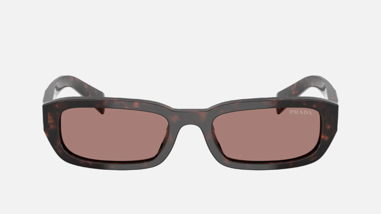 Prada PR B06S 17N60B rectangular sunglasses for women in full rim acetate, with root tortoise frame, and light brown lenses. 53mm in lens size, 19mm in bridge size, and 145mm in temple length.