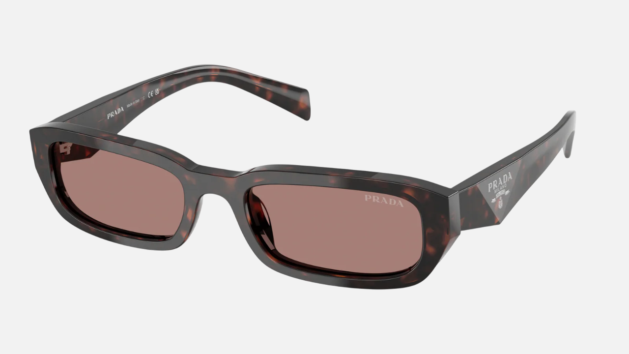 Prada PR B06S 17N60B rectangular sunglasses for women in full rim acetate, with root tortoise frame, and light brown lenses. 53mm in lens size, 19mm in bridge size, and 145mm in temple length.
