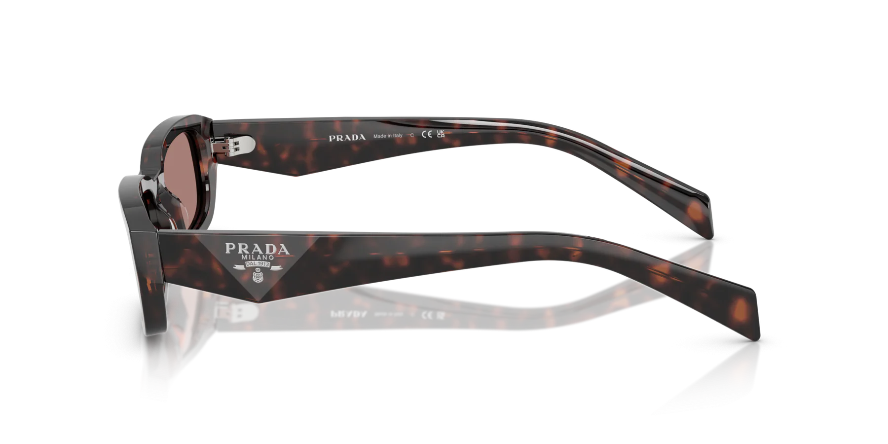 Prada PR B06S 17N60B rectangular sunglasses for women in full rim acetate, with root tortoise frame, and light brown lenses. 53mm in lens size, 19mm in bridge size, and 145mm in temple length.