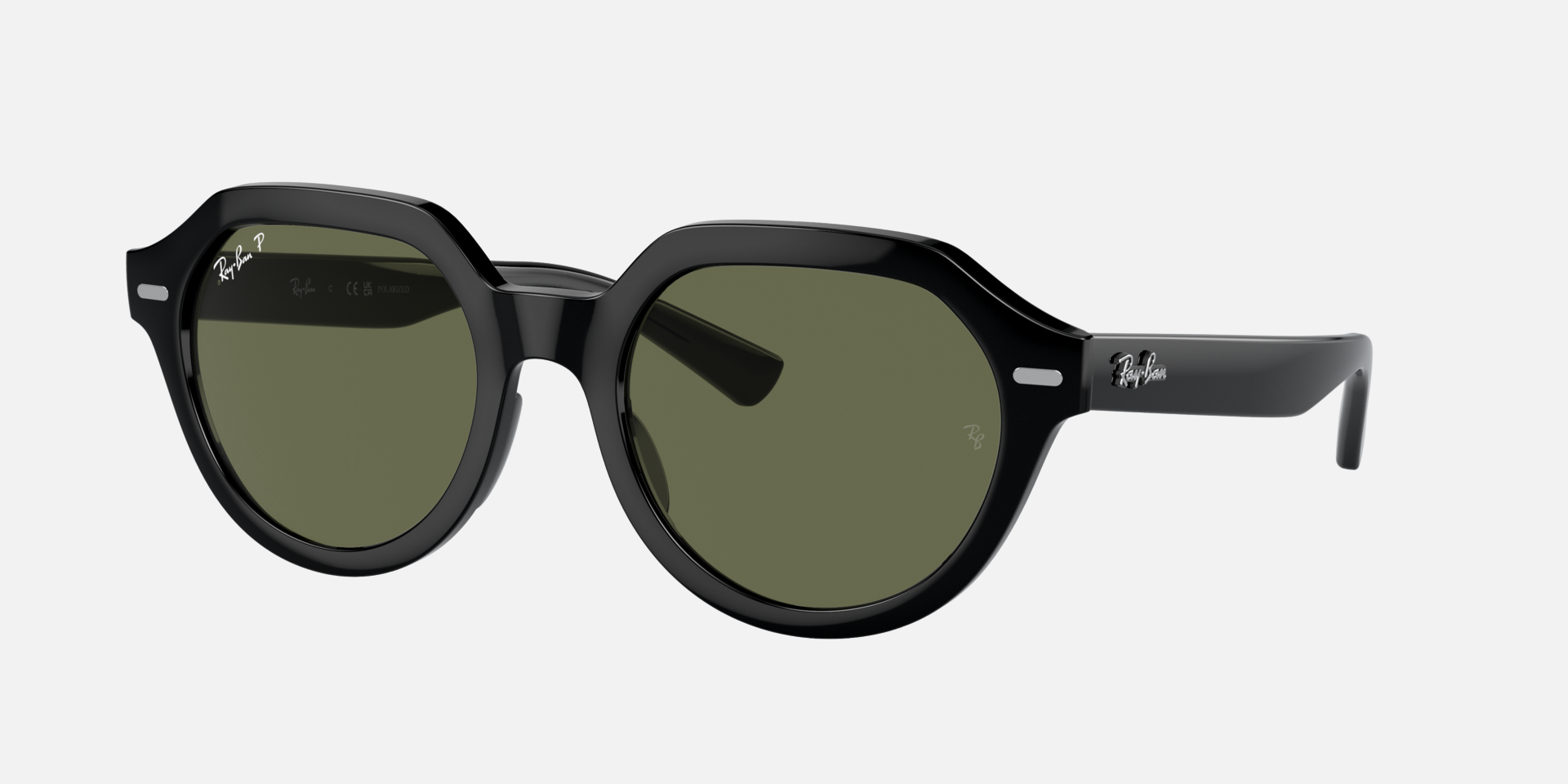 Ray-Ban Gina RB4399 901/58 women's full rim square sunglasses in a black acetate frame with green lenses. Features a 51 mm lens size, 21 mm bridge size, and 140 mm temple length. Available in Dubai, UAE.